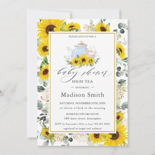 Chic Sunflower Floral High Tea Party Baby Shower  Invitation