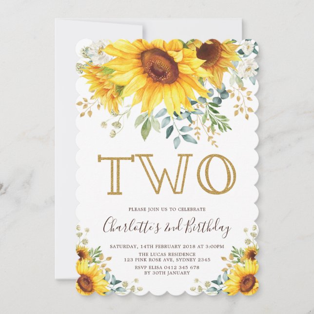 Chic Sunflower Garden Floral Greenery 2nd Birthday Invitation (Front)