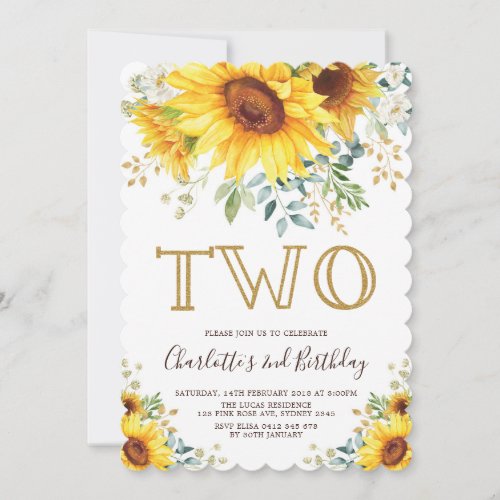 Chic Sunflower Garden Floral Greenery 2nd Birthday Invitation