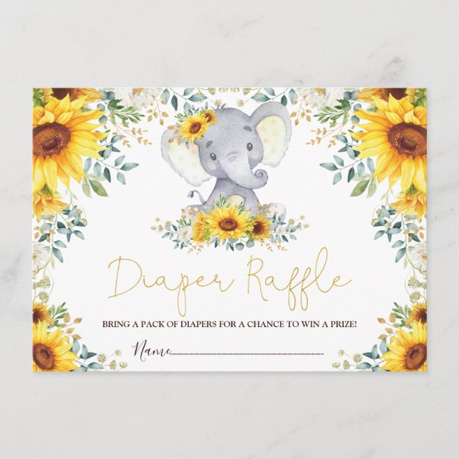 Chic Sunflower Jungle Elephant Baby Diaper Raffle Enclosure Card (Front)