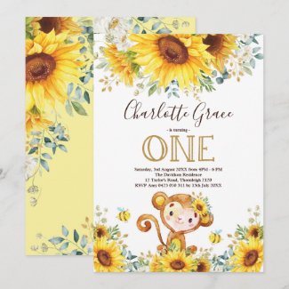 Chic Sunflower Monkey Greenery Gold 1st Birthday Invitation