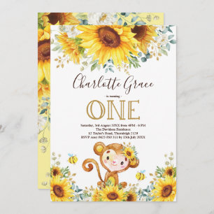 Chic Sunflower Monkey Greenery Gold 1st Birthday Invitation