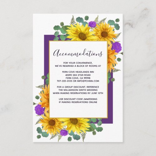 Chic Sunflower Purple Roses Wedding Accommodations Enclosure Card