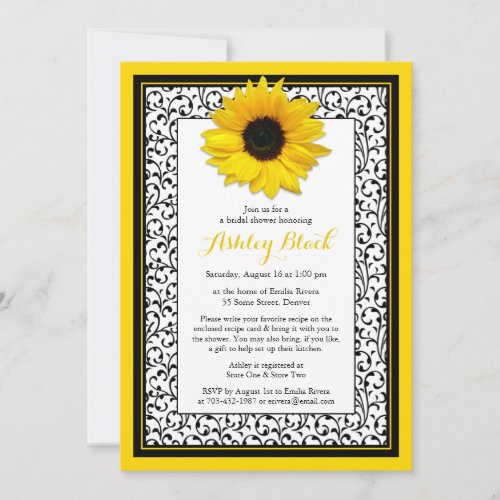 Chic Sunflower Recipe Bridal Shower Invitation