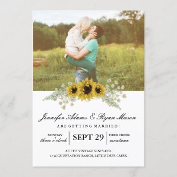 Chic Sunflower Watercolor And Photo Wedding Invitation by antiquechandelier at Zazzle