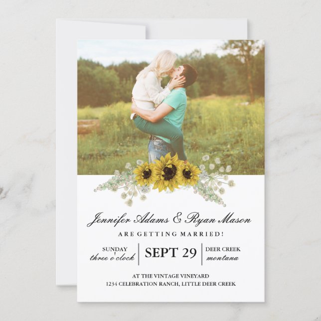 Chic Sunflower Watercolor and Photo Wedding Invitation (Front)