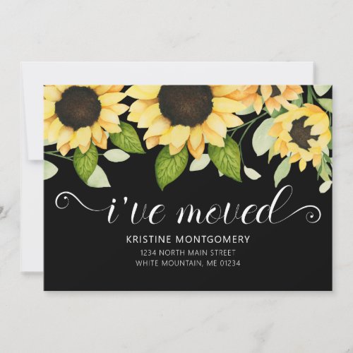 Chic Sunflower Watercolor Floral Black Ive Moved Announcement