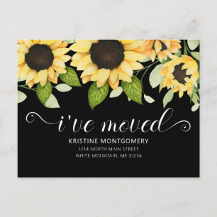 Chic Sunflower Watercolor Floral Black I've Moved Announcement Postcard