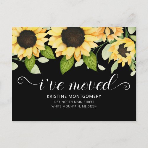 Chic Sunflower Watercolor Floral Black Ive Moved Announcement Postcard