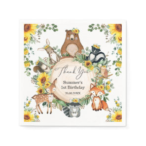Chic Sunflower Woodland Animals Baby Girl Birthday Napkins
