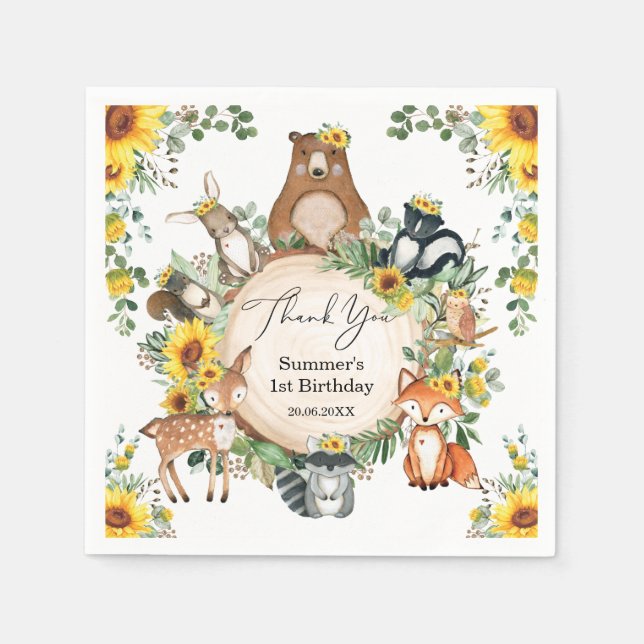 Chic Sunflower Woodland Animals Baby Girl Birthday Napkins (Front)