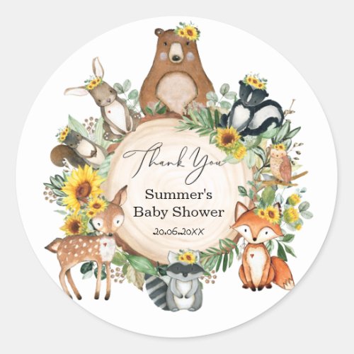 Chic Sunflower Woodland Animals Baby Girl Shower Classic Round Sticker