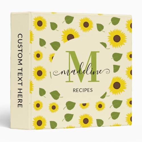 Chic Sunflower Yellow Green Leaf Monogram Recipe 3 Ring Binder