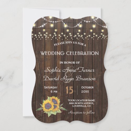 Chic Sunflowers String Lights Old Wood Wedding Invitation