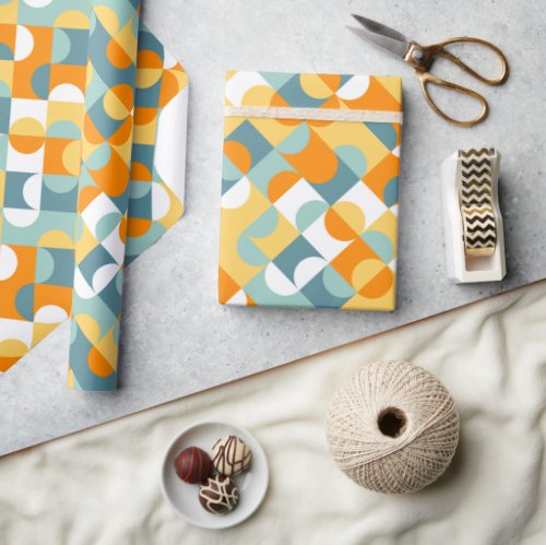 Chic Sunny Orange Teal Blue Circles Art Pattern Wrapping Paper
