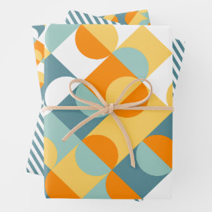 Chic Sunny Orange Teal Blue Circles Art Pattern Wrapping Paper Sheets