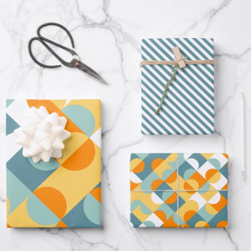 Chic Sunny Orange Teal Blue Circles Art Pattern Wrapping Paper Sheets