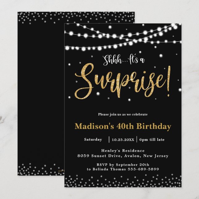 Chic Surprise Birthday Party Any Age Black Gold  Invitation (Front/Back)