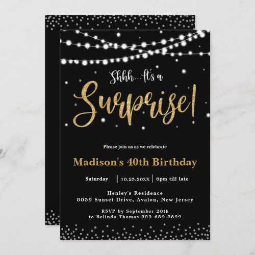 Chic Surprise Birthday Party Any Age Black Gold  Invitation