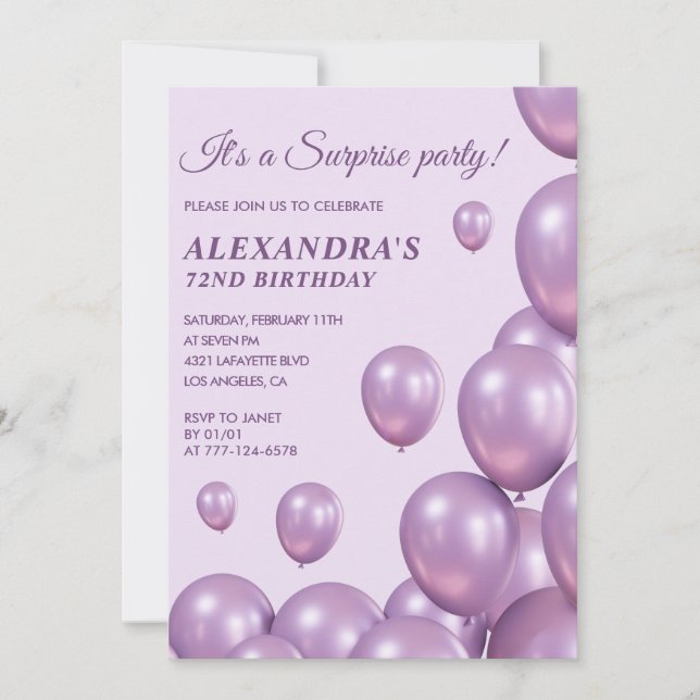 Chic Surprise Purple 72nd birthday invitations  (Front)