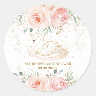 Chic Swan Blush Pink Floral Baby Shower Birthday  Classic Round Sticker