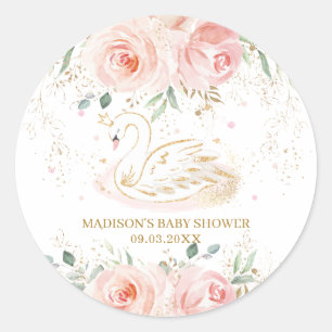 Chic Swan Blush Pink Floral Baby Shower Birthday Classic Round Sticker