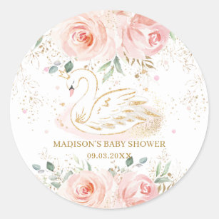 Chic Swan Blush Pink Floral Baby Shower Birthday Classic Round Sticker