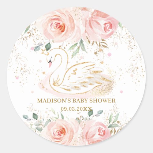 Chic Swan Blush Pink Floral Baby Shower Birthday Classic Round Sticker