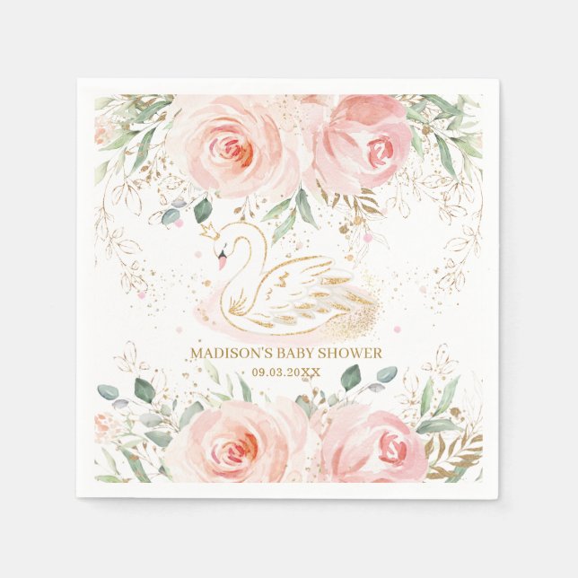 Chic Swan Blush Pink Floral Baby Shower Birthday Napkins (Front)