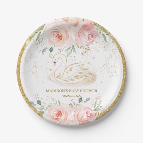 Chic Swan Blush Pink Floral Baby Shower Birthday P Paper Plates