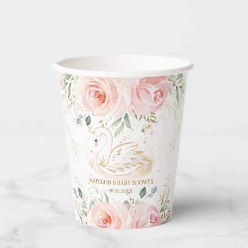 Chic Swan Blush Pink Floral Baby Shower Birthday Paper Cups