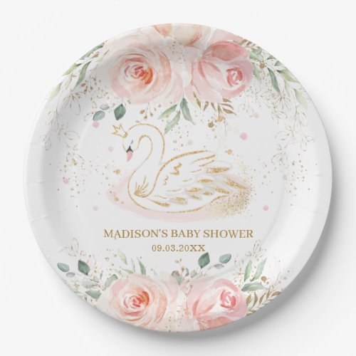 Chic Swan Blush Pink Floral Baby Shower Birthday Paper Plates