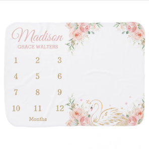 Chic Swan Blush Pink Floral Monthly Milestone  Baby Blanket