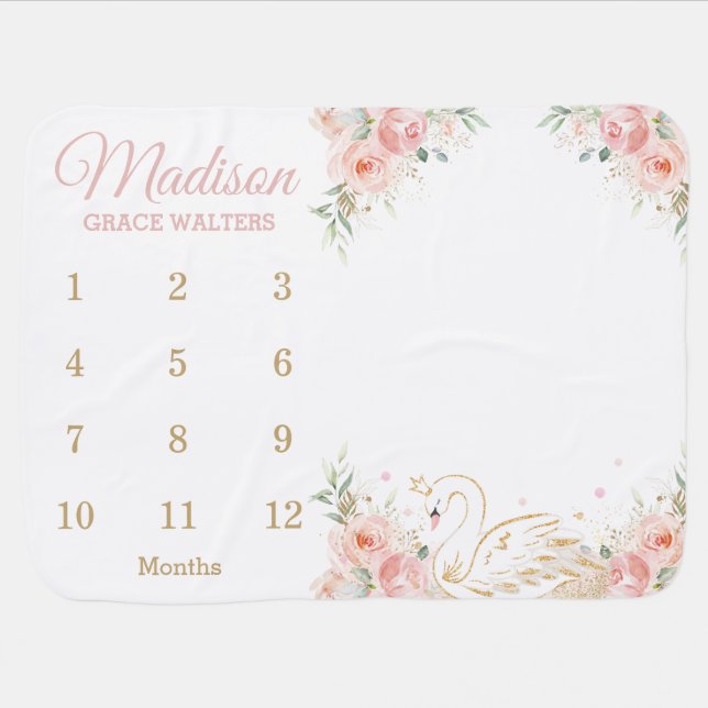 Chic Swan Blush Pink Floral Monthly Milestone  Baby Blanket (Horizontal)