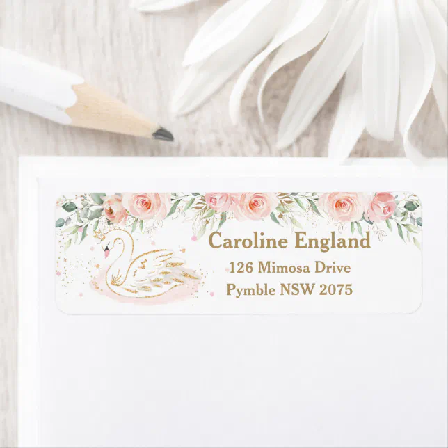 Chic Swan Blush Pink Floral Return Address Label | Zazzle