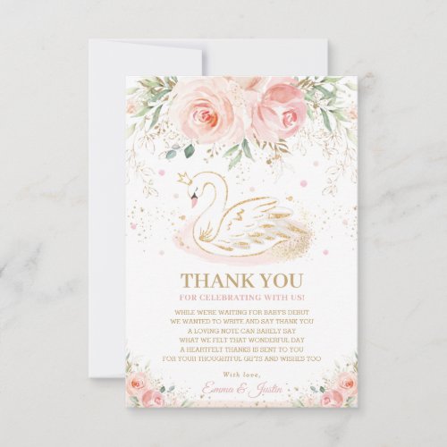 Chic Swan Princess Blush Pink Floral Baby Shower Thank You Card