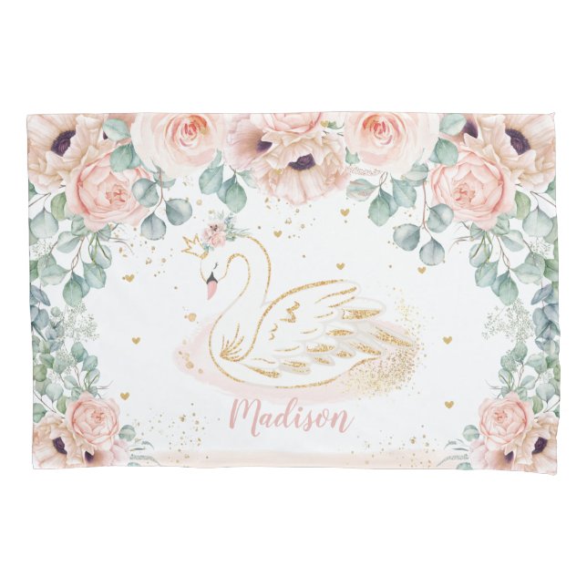 Chic Swan Princess Blush Pink Floral Girl Bedroom Pillow Case (Front)