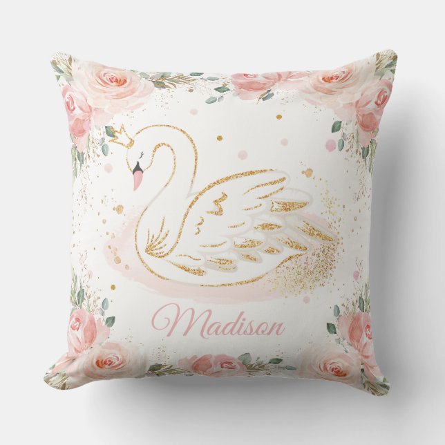 Chic Swan Princess Blush Pink Floral Nursery Throw Pillow (Front)