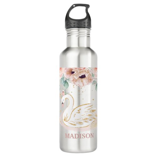 Chic Swan Princess Blush Pink Poppies Roses Floral Stainless Steel Water Bottle