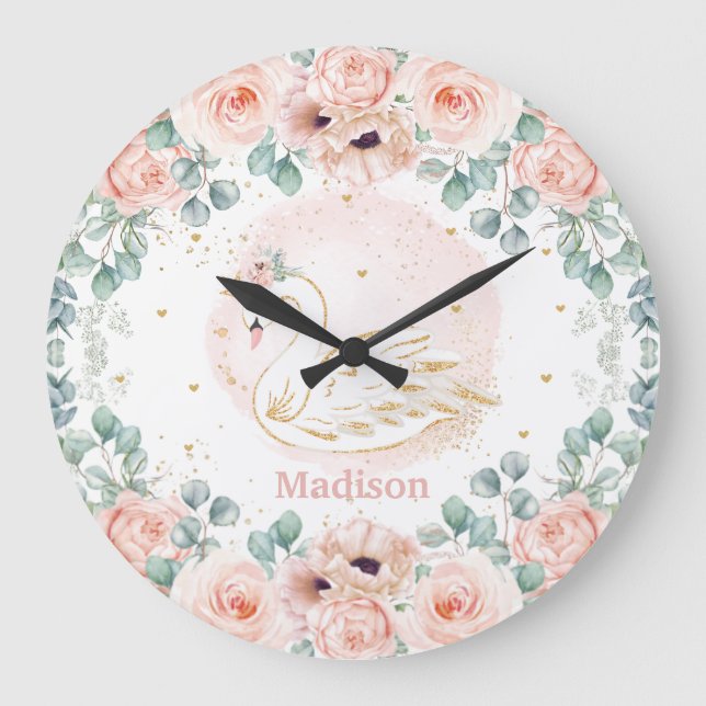 Chic Swan Princess Blush Poppy Floral Girl Bedroom Large Clock (Front)