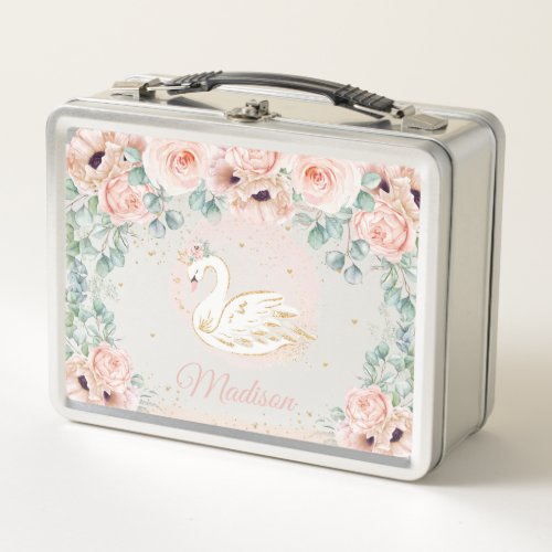 Chic Swan Princess Blush Poppy Floral Gold Metal Lunch Box