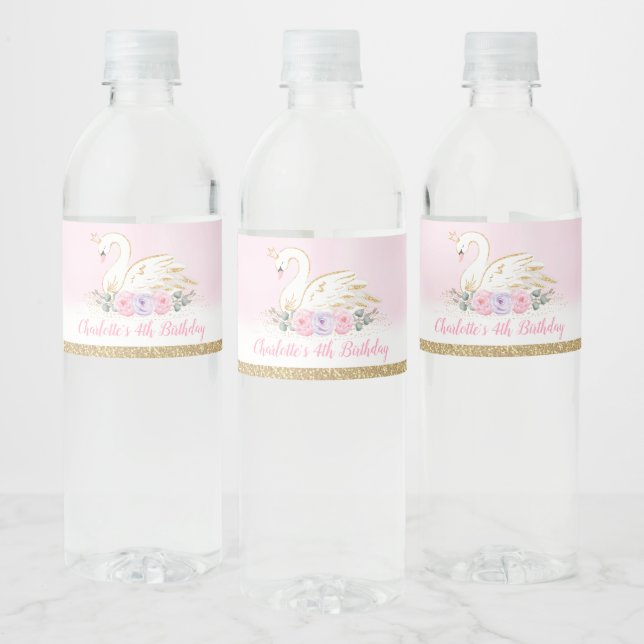 Chic Swan Princess Girls Birthday Party Favors Water Bottle Label (Bottles)