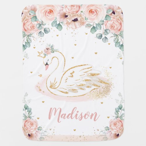 Chic Swan Princess Pastel Blush Floral Gold Baby Blanket