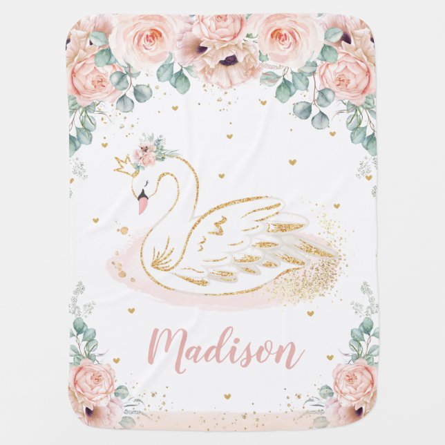 Chic Swan Princess Pastel Blush Floral Gold Baby Blanket (Front)