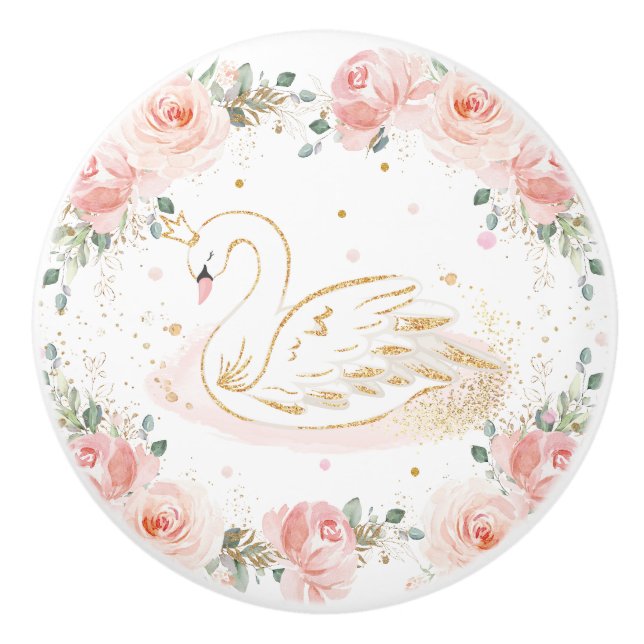 Chic Swan Princess Pastel Blush Floral Gold   Ceramic Knob (Front)