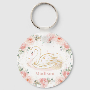 Chic Swan Princess Pastel Blush Floral Gold Keychain