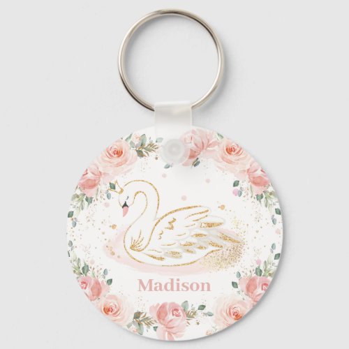 Chic Swan Princess Pastel Blush Floral Gold   Keychain