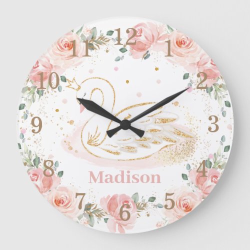 Chic Swan Princess Pastel Blush Floral Gold    Large Clock