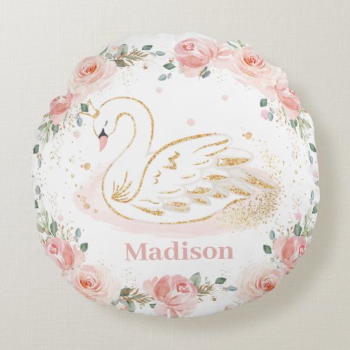 Chic Swan Princess Pastel Blush Floral Gold   Round Pillow