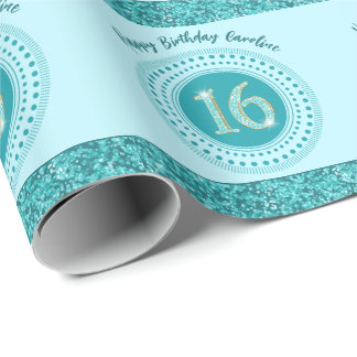 Chic Sweet 16 Birthday, Teal Blue Glitter & Stripe Wrapping Paper